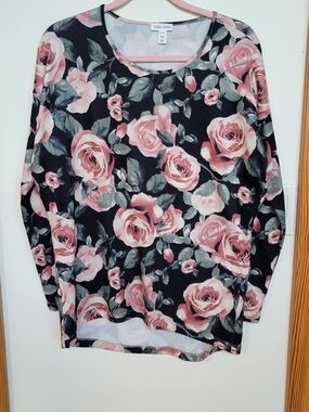Tribal Jeans Black Top with Pink Rose Floral Print